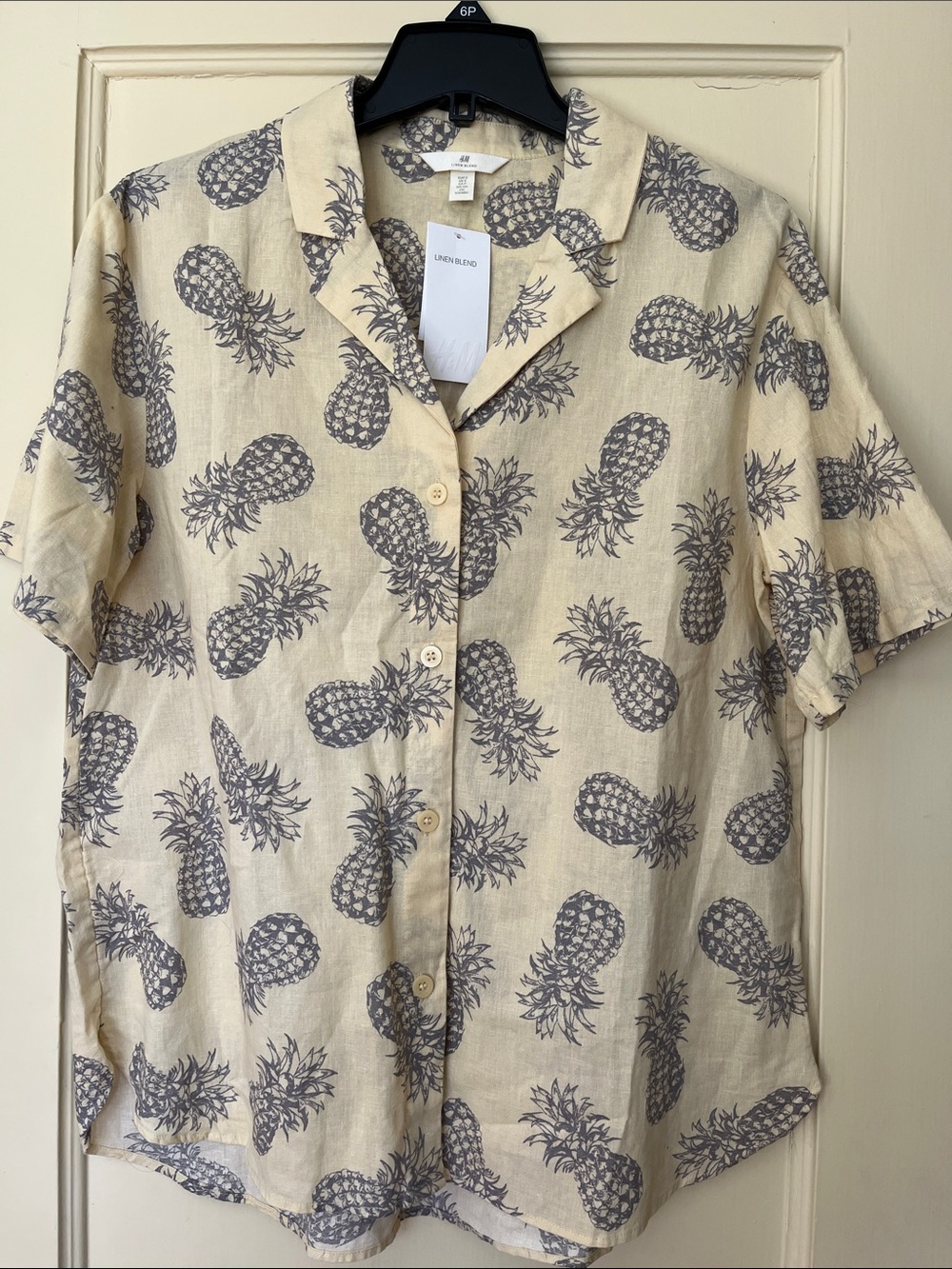 H&M Linen Pineapple Print Short Sleeve Shirt Women Unisex NWT New with Tags - Picture 5 of 5